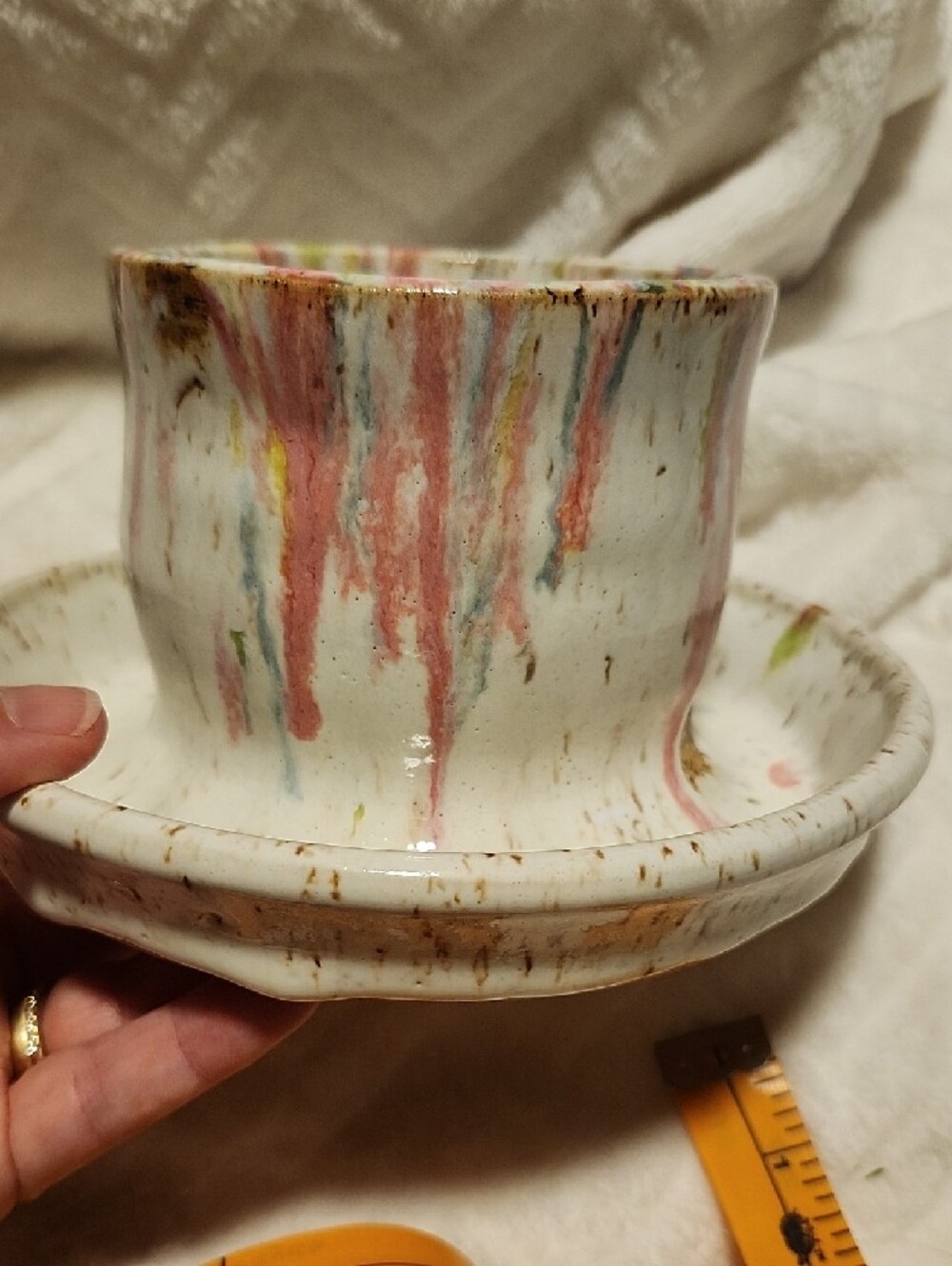 Handmade White Ceramic Planter with Multicolor Drip Accent